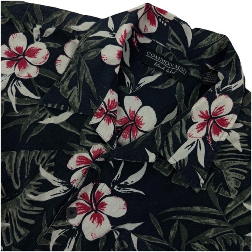 COMMON MAN Black Label Mens Short Sleeve Button Hawaiian Silk Shirt Floral - L‎